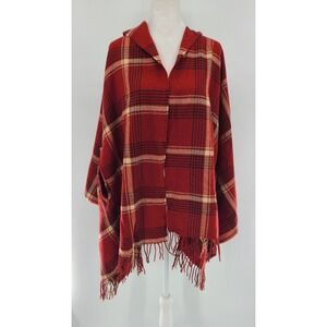 Madewell Tartan Plaid‎ Poncho Cape Shawl Fringe Red Black One Size OS